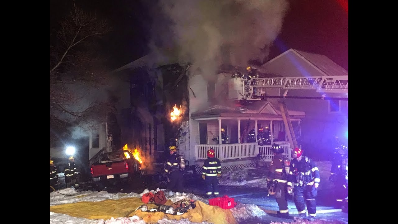 House burns after truck crashes into it in Millbury, Ma YouTube