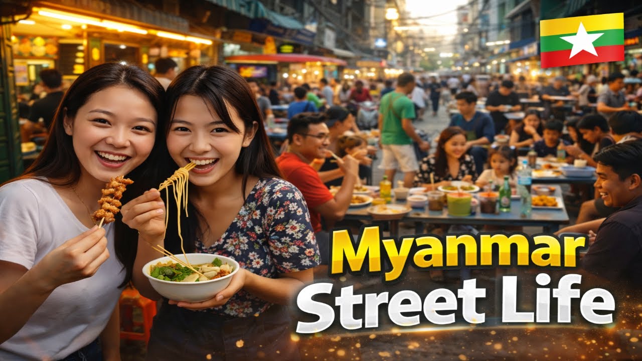 Прогулка по оживленным улицам Янгона 🇲🇲 | Уличная еда, люди и повседневная жизнь