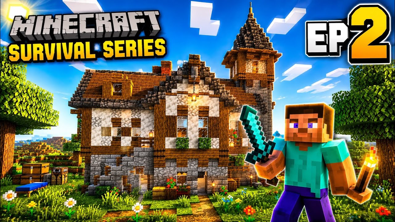 Minecraft Survival Series EP 2 | Bedrock me Amazing Starter House Build ...