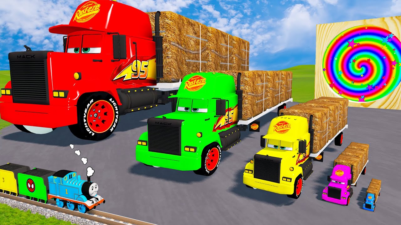 Big & Small Long Mack Truck with Straw Bale vs Trains Thomas | BeamNG.Drive