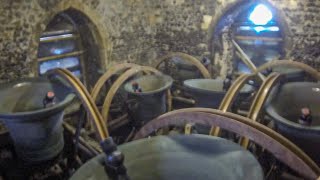Half muffled Remembrance Sunday bellringing in the belfry of St Peter In Thanet, Kent 13cwt in F