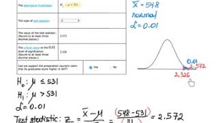 Hypothesis test for the population mean Z-test, Elementary Statistics in ALEKS