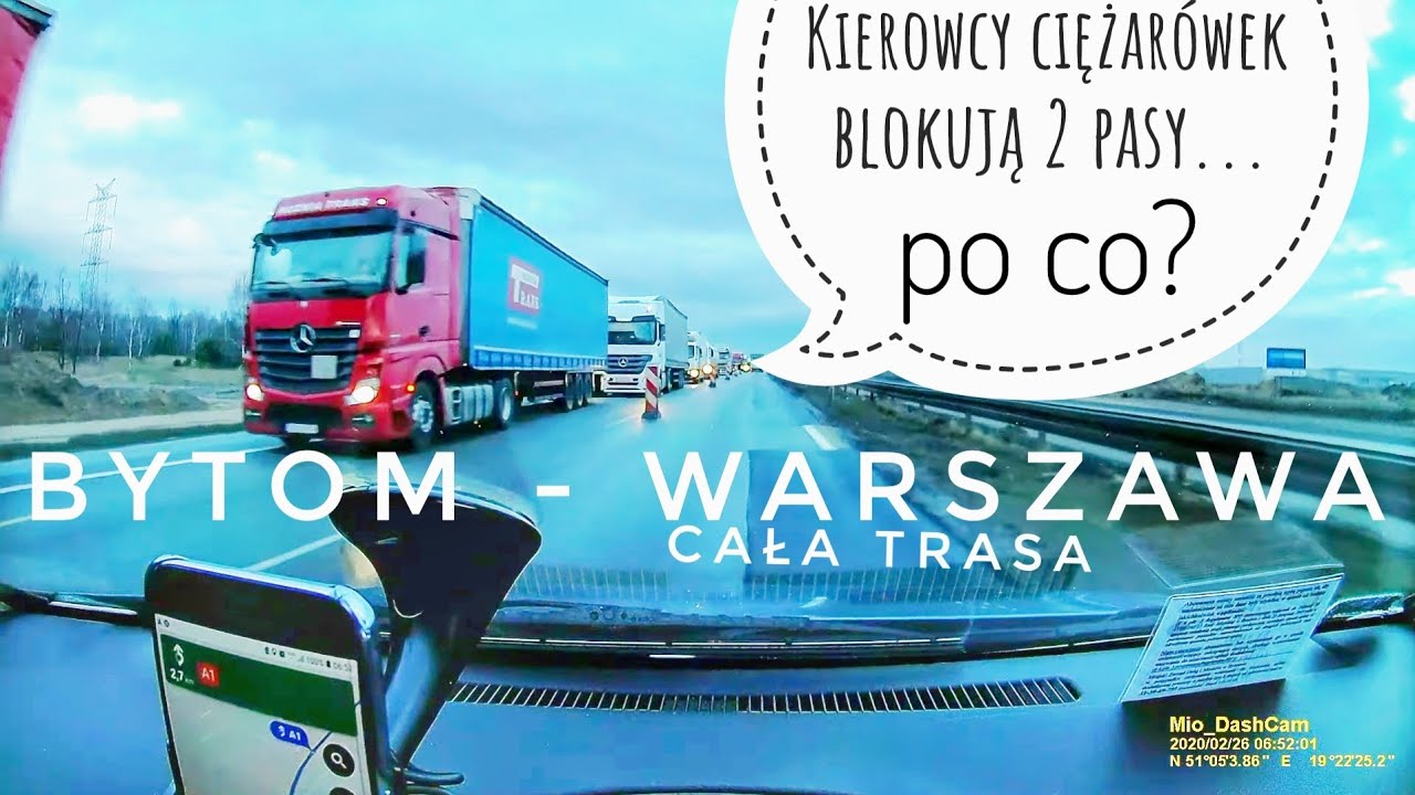 Droga: Bytom Warszawa (A1, S8) i SZERYF DROGOWY blokujący 2 pasy autostrady A1 - 26.02.2020