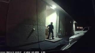 OnTrac driver pushes package down stairs