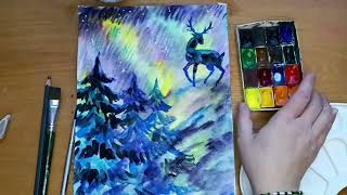 Как быстро и легко нарисовать оленя на фоне северного сияния, акварелью🦌✨🖌️🎨❄️
