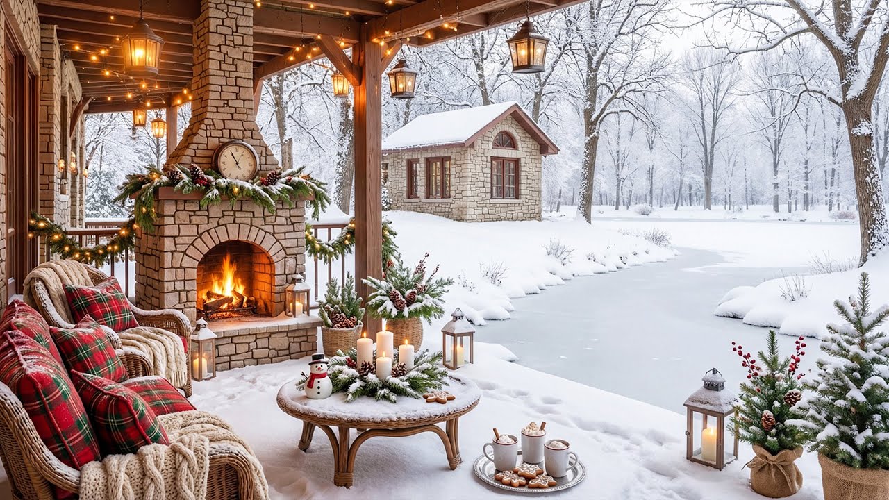 Cozy Winter Porch Ambience with Soothing Piano Music ❄️Crackling Fireplace & Snowfall for Great Mood