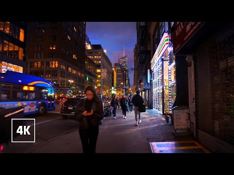 New York, الولايات المتحدة | جادة Magical in Sixth | جولة ليلية في المدينة 4K