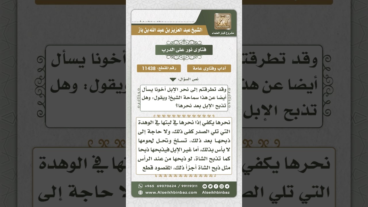 11438 - الاكتفاء بالنحر دون الذبح للإبل -  نور على الدرب