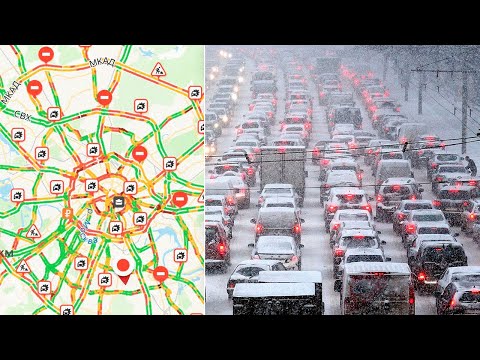 Транспортный коллапс в Москве. На дорогах 9-балльные пробки, мощный снегопад парализовал движение