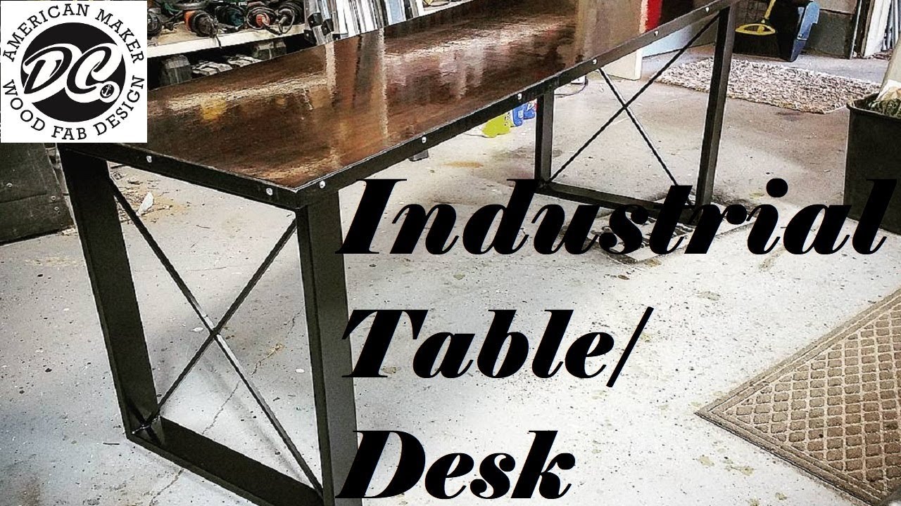 INDUSTRIAL STEEL TABLE/DESK. WALNUT TOP.