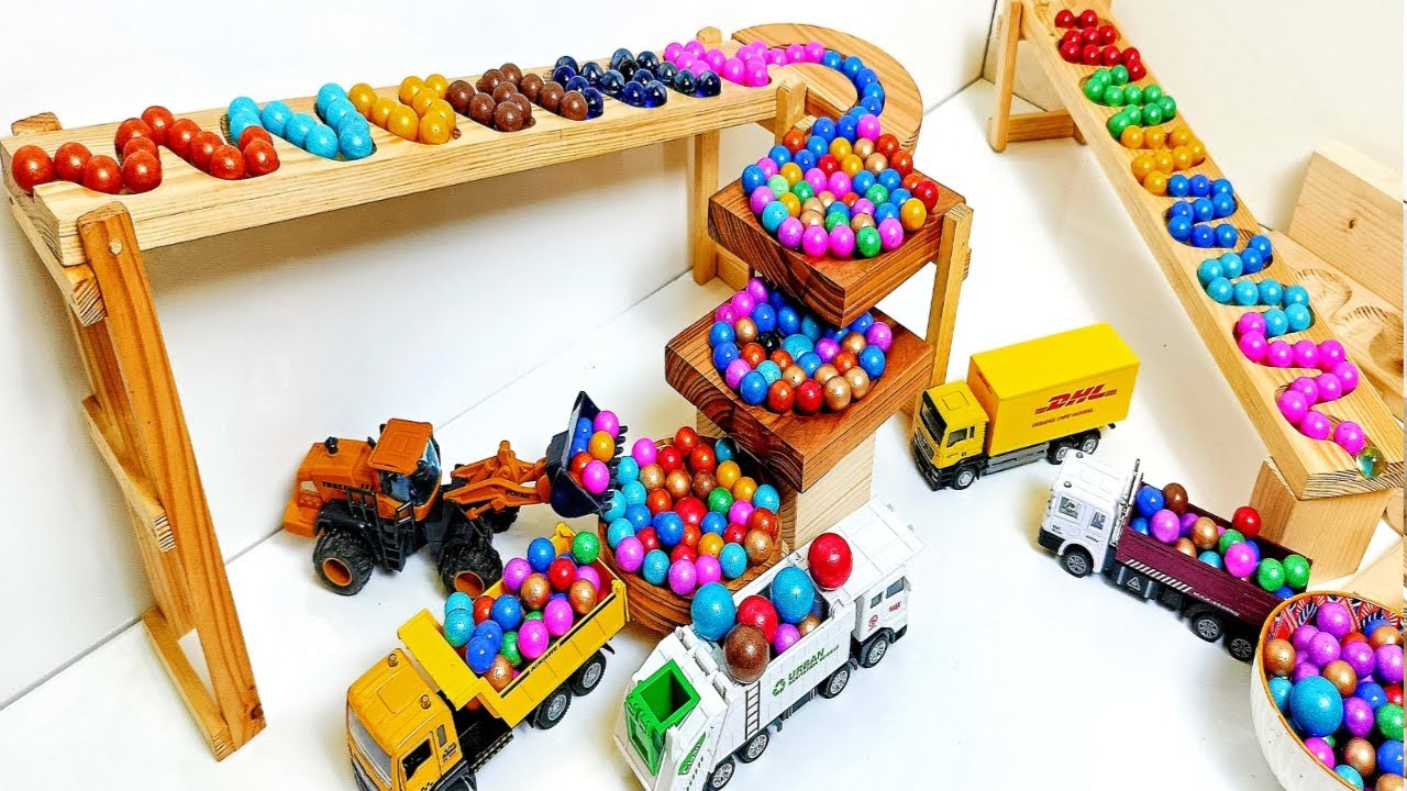 Marble Run ASMR Race ☆ HABA Slope & Dump Truck Excavator Ambulance Forklift Garbage Truck Tractors