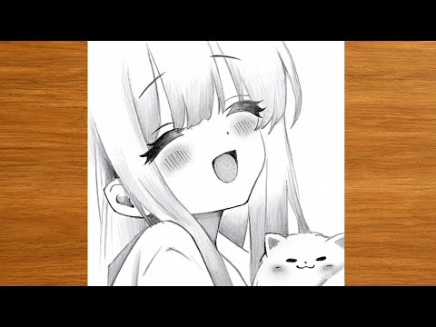 Cute Anime Girl Drawing with Cat ✨ | Easy 
