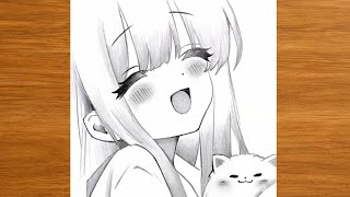 Cute Anime Girl Drawing with Cat ✨ | Easy 