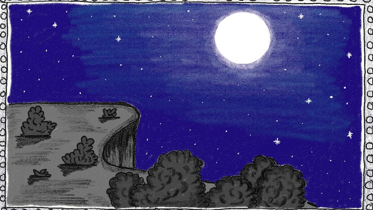 Drawing a simple full moon night | How to draw a full moon night