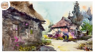 Healing Watercolor Art Landscape Of Farmer S Village Spring Shibasaki