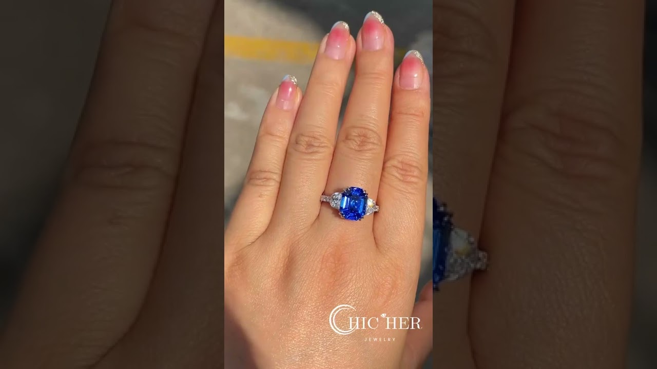 4ct Three stone Emerald Cut Blue Sapphire Engagement Ring with 2 Half-moon Stones