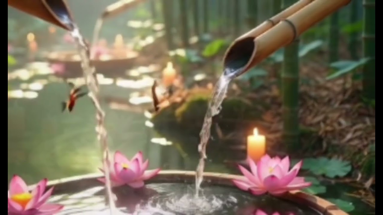 Zen Bamboo Fountain with Lotus Flowers | Peaceful Water Sounds for Deep Relaxation