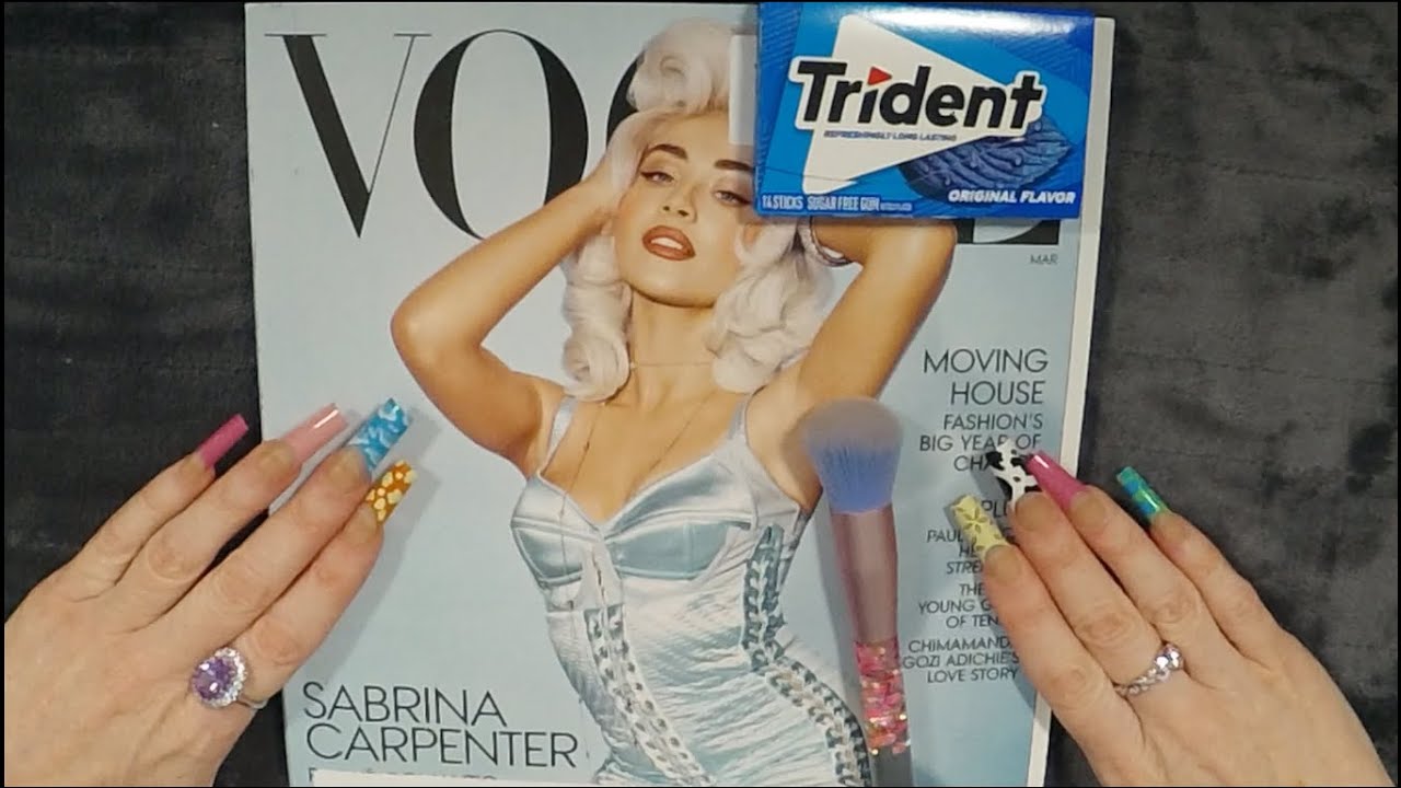 ASMR Gum Chewing Magazine Flip Through | Sabrina Carpenter Whispered Page Turning