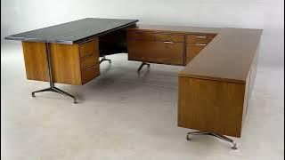 Imperial Desk Company Mid Century Walnut U-Shaped Desk with Chrome Handles