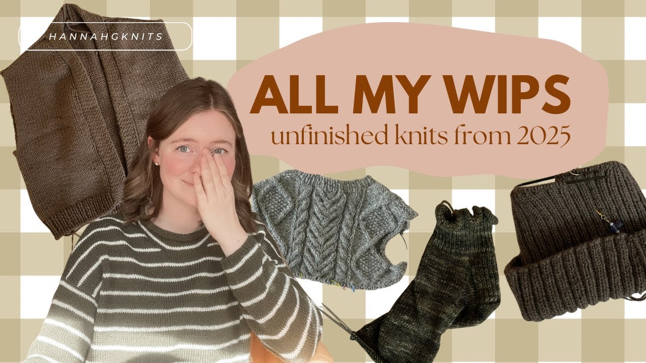 Выставляю напоказ все мои незаконченные работы с 2025 года: носки, шарфы, шапки и свитера ручной ...