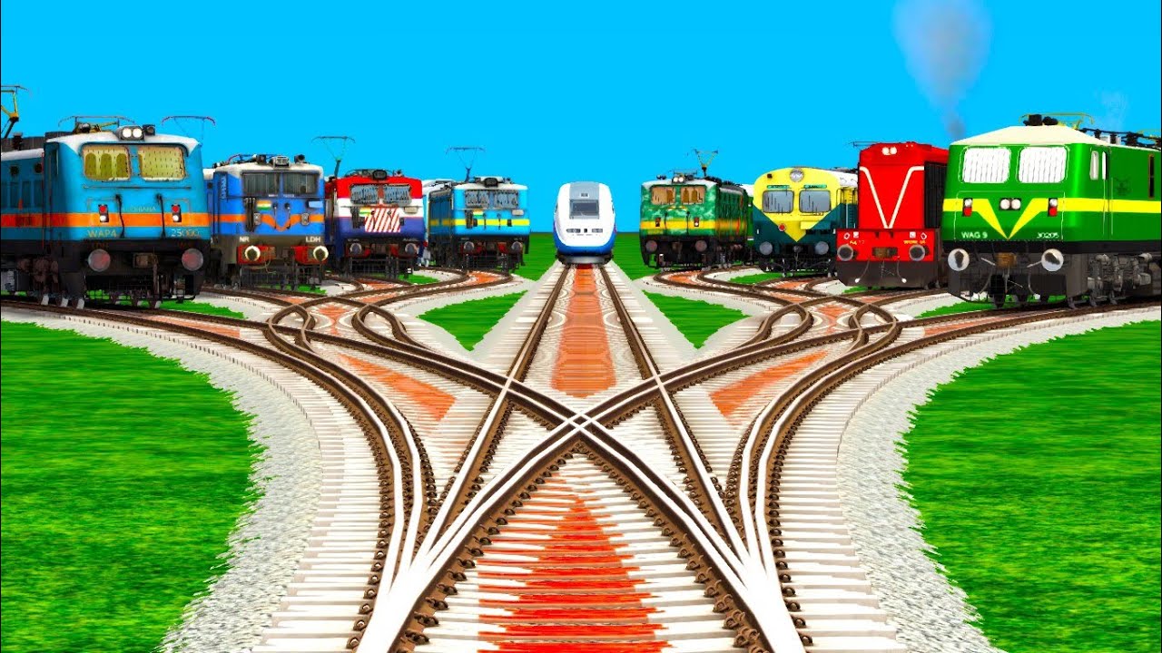 9* TRAINS CROSSING At BUMPY BRANCHED RAILROAD CROSSING TRACKS ll Diesels Locomotive train crossing 