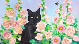 How to Paint a Black Cat in Hollyhocks Flower Garden Acrylic Painting LIVE Tutorial