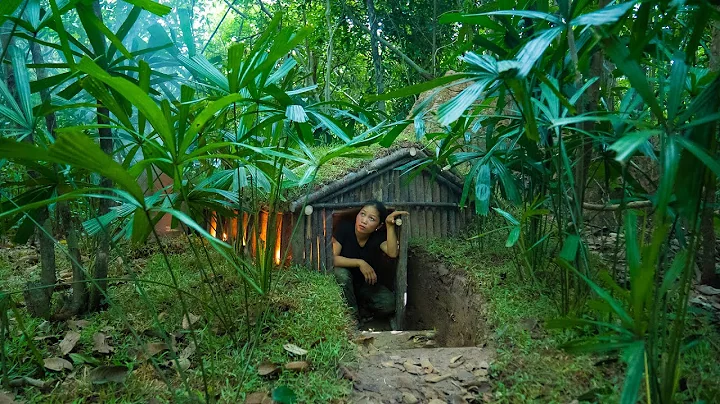 I Built complete and warm survival shelter  Bushcraft earth hut, grass roof & fireplace with clay
