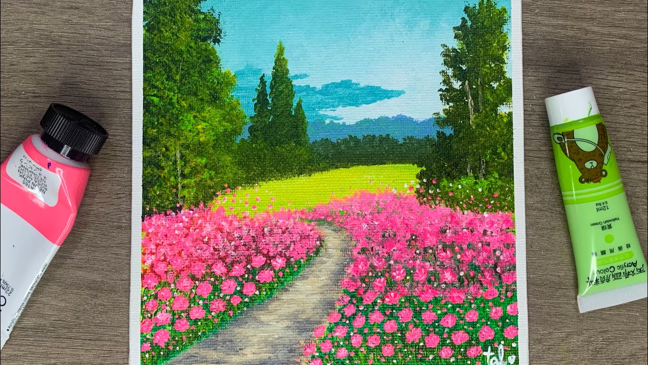 Rose Field Painting Step by Step / Acrylic Painting for Beginners