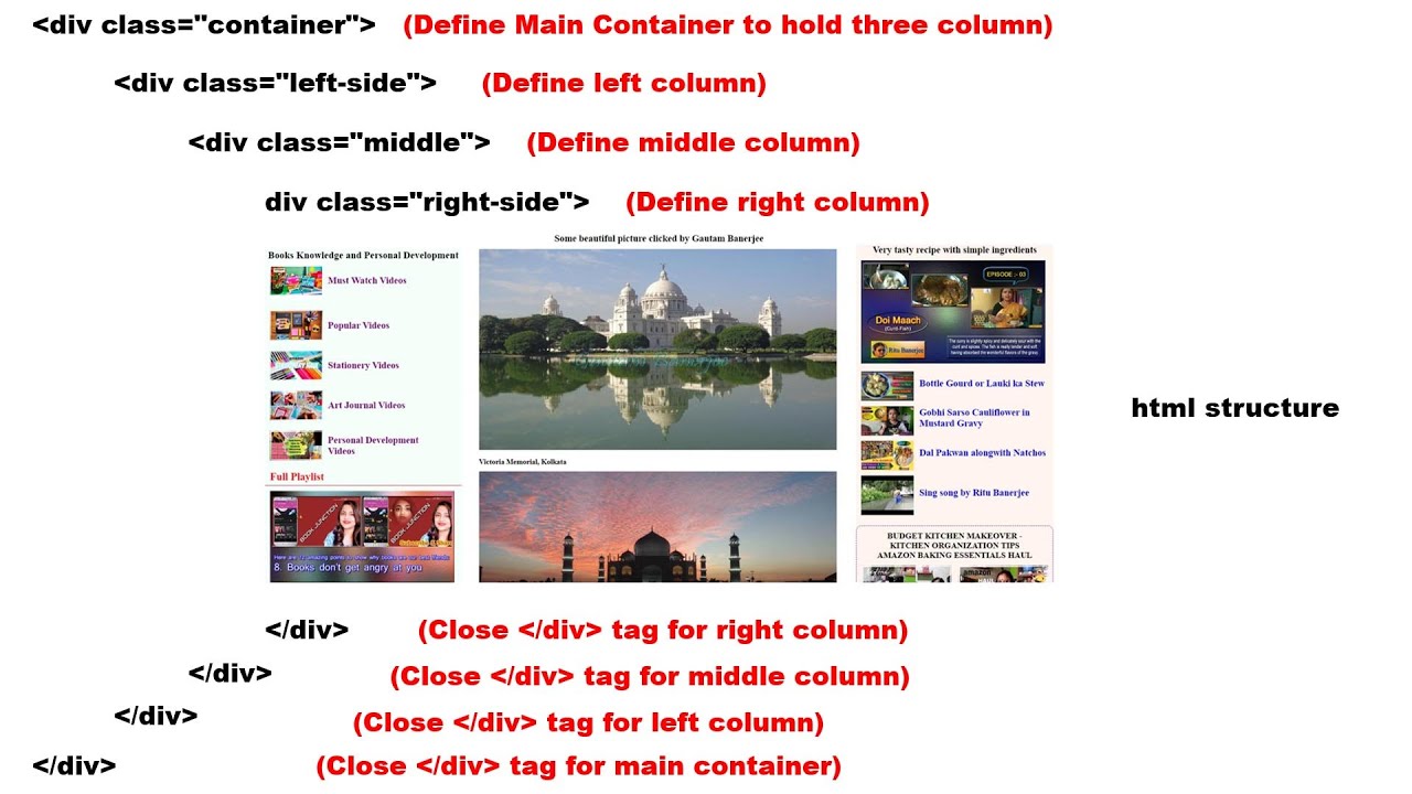 How to create three column structure by html #06 How to design Left ...