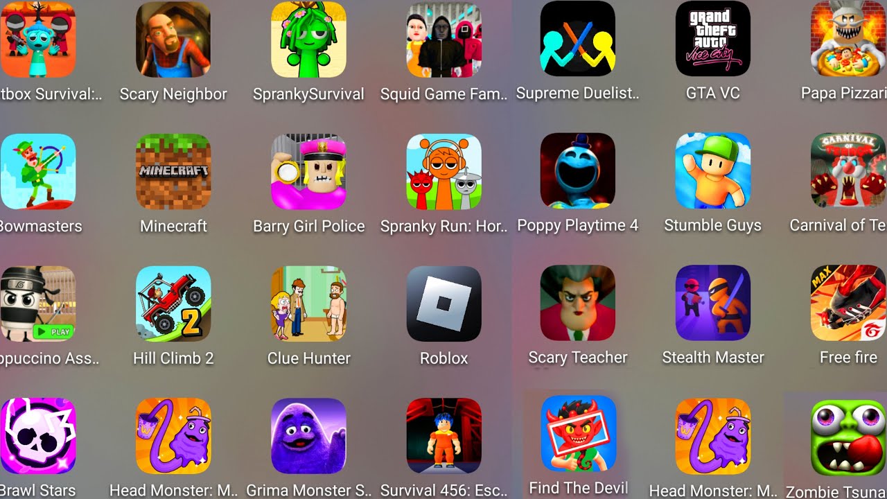 Roblox,Poppy Playtime 4,Grimace Monster Scary Survival,Barry's Police Girl,Spranky Survival,FreeFire