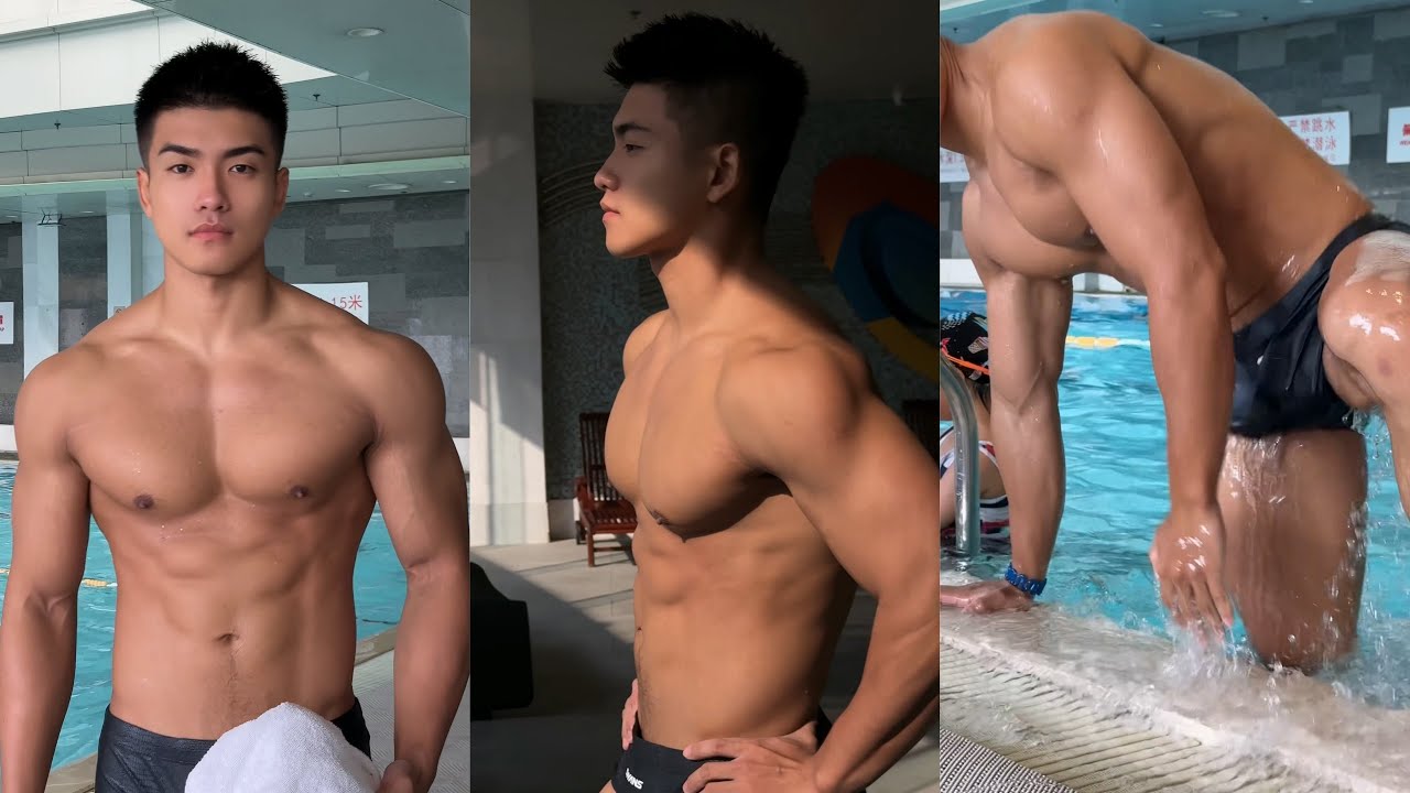 Want to swim together? Handsome Chinese fitness model, muscular man