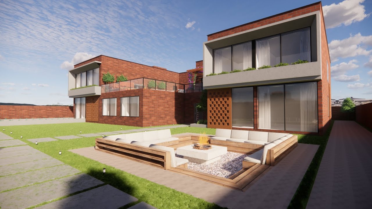 Facade and landscape design in brick style 