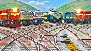 Six Indian Trains Running at Bumpy Forked Railroad Crossing | BeamNG.Drive -:- Train simulator