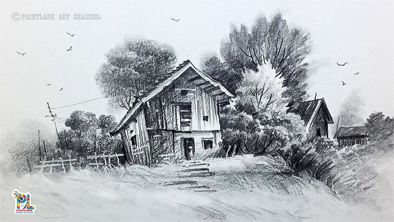 How to draw Wooden House and Trees in Scenery Landscape Art - YouTube