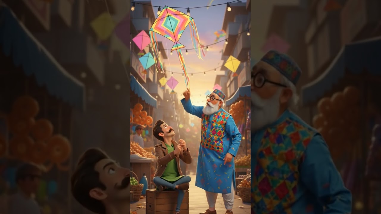 An elderly man gives tips to a young man on kite flying.