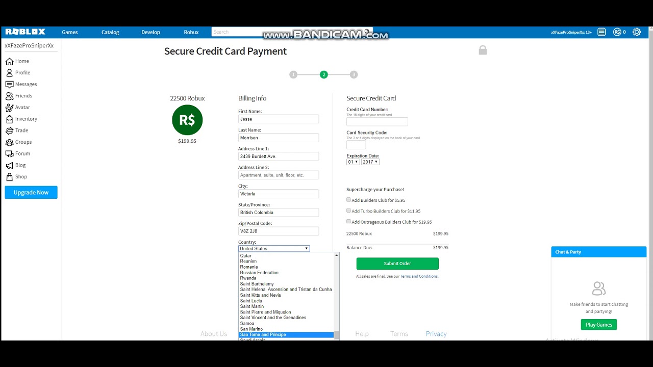 credit card information for robux