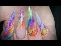 Acrylic nails - rainbow opal marble extreme length set inspired by @Kerri Anderson