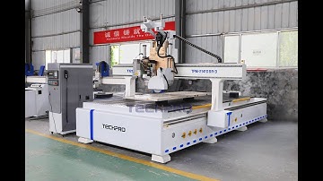 TechPro® ATC CNC machine + drill bank + saw blade head test for furniture cabinet door Production
