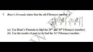 [Math] Binet's Formula states that the nth Fibonacci number Yn can be found using Binet's Formula to