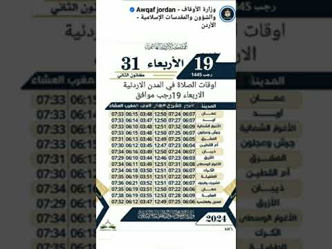 أوقات الصلاة في المدن الأردنية الاربعاء 19رجب 1445 ه الموافق 31كانون الثاني 2024م
