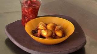 Recette de pêche rôtie, granité de fruits rouges au thym