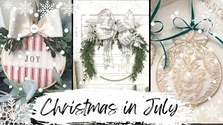 Christmas in July • Door with Wreath • Stamped Ribbon • Resin Ornaments • Embroidery Hoop Ornaments
