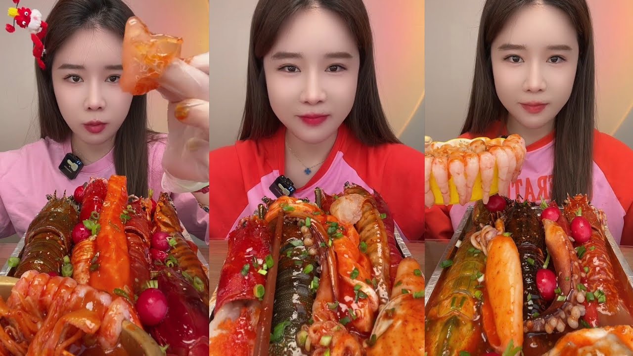 Yummy #308:Eat seafood 🦞 salmon red devil shrimp 🍤🦐 squid 🦑🐙 lobster#mukbang #yummy #delicious 