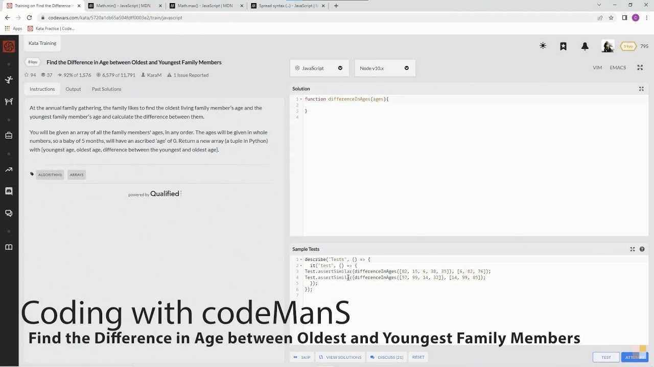 Codewars 8 kyu Find the Difference in Age between the Oldest and Youngest Family Members JavaScript