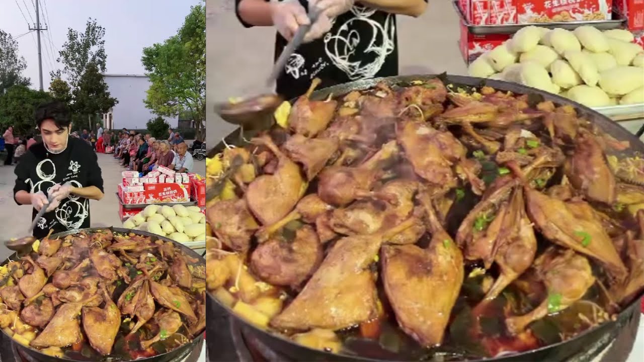 A Handsome Chinese Guy Cook Free Meals / Chicken Foot Noodles for the old on the Street in a Village