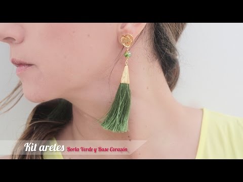 Cómo hacer aretes con borla verde y base corazón Kit: 26726 | VARIEDADES CAROL