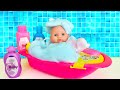 Baby Doll pretend play bath time with new bath