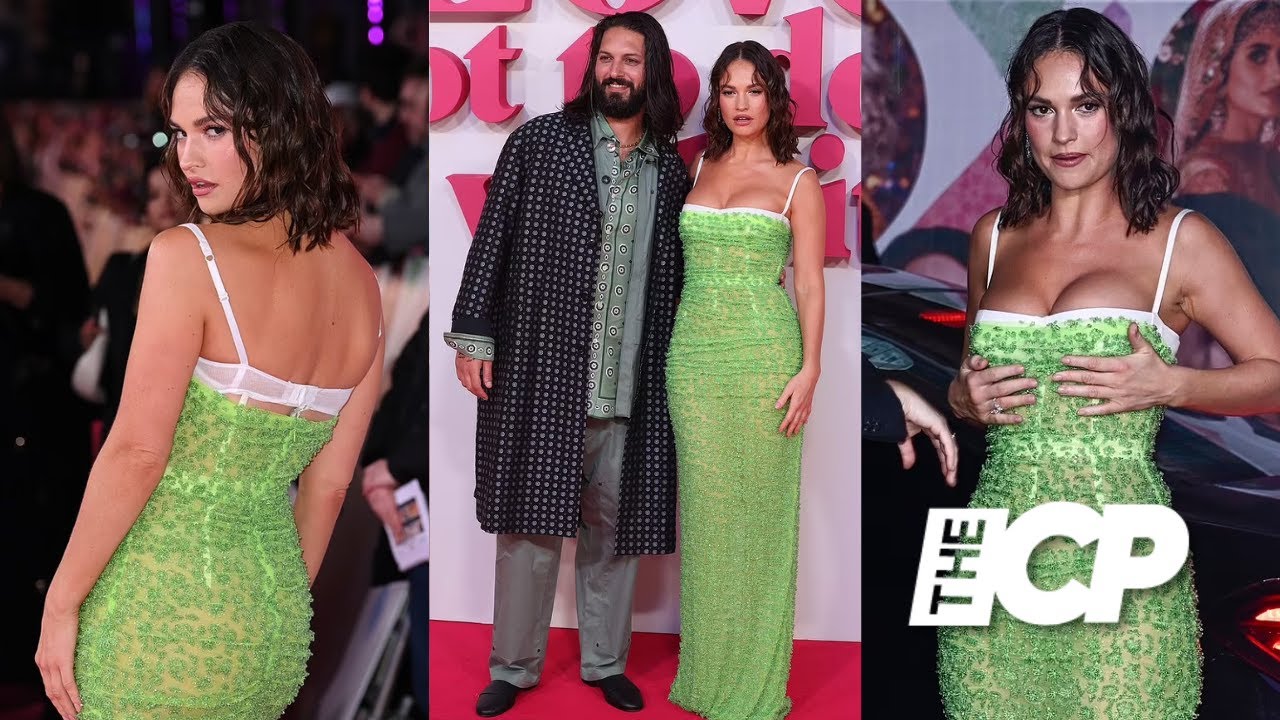 Lily James narrowly avoids a wardrobe malfunction in a very busty green  dress - YouTube