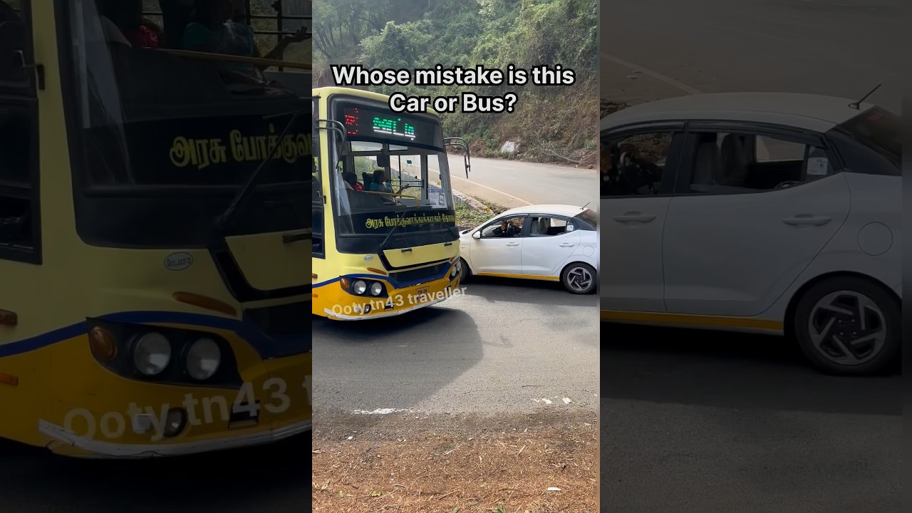 TNSTC yellow bus and car got confused in a hairpin bend ghat road 