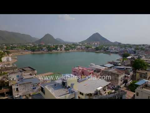 Pushkar city and Pushkar Lake surrounded by the Aravalli hills